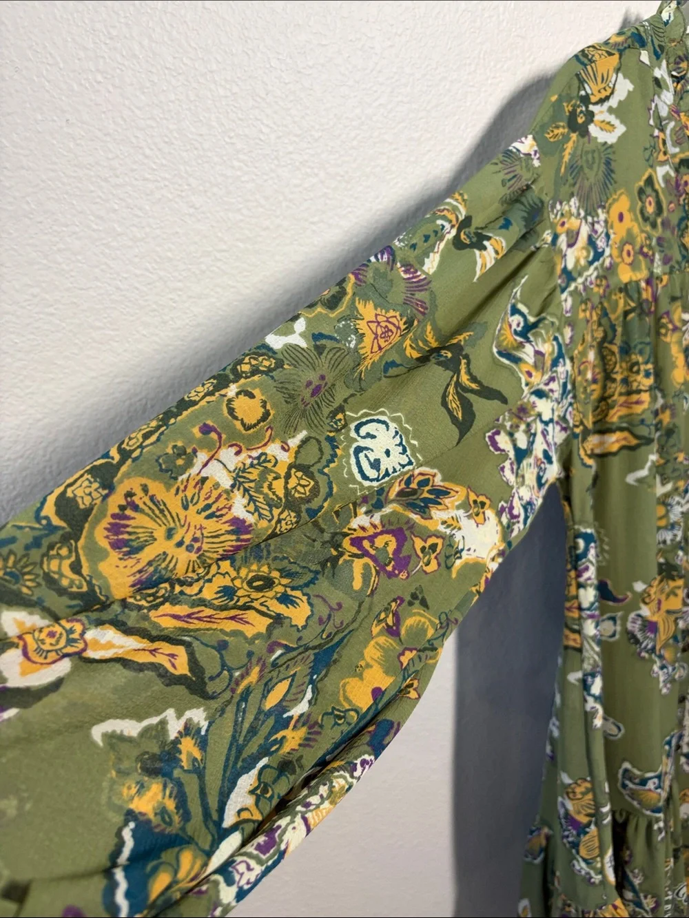 Free People Olive Green Floral Ruffle-Hem Long Sleeve Dress